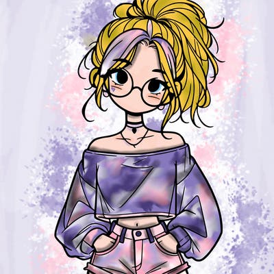 girl with a messy ponytail glasses a baggy crop top and jean shorts