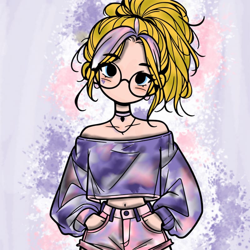 girl with a messy ponytail glasses a baggy crop top and jean shorts