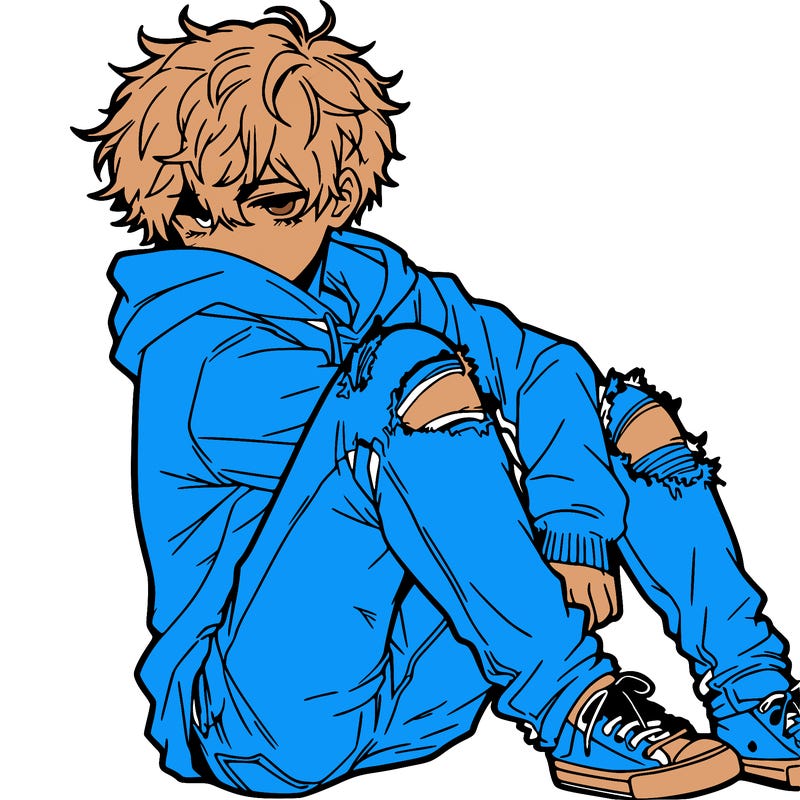 a male hoddie ripped jeans messy hair anime