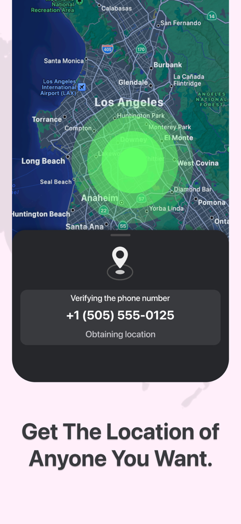 Interfaz de la aplicación SpotNow que muestra un mapa de Los Ángeles con una superposición del estado de rastreo del número de teléfono.