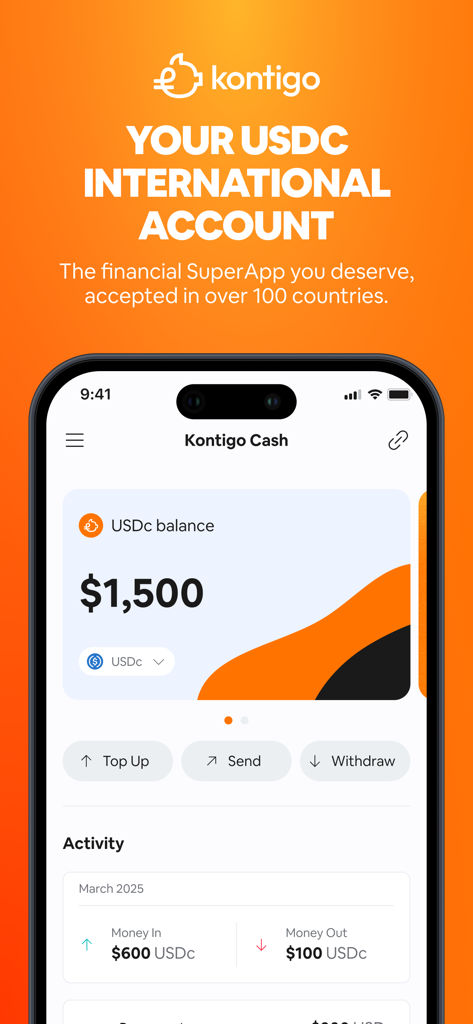 Kontigo Global app interface showing a 1500 dollar USDC balance and transaction activity