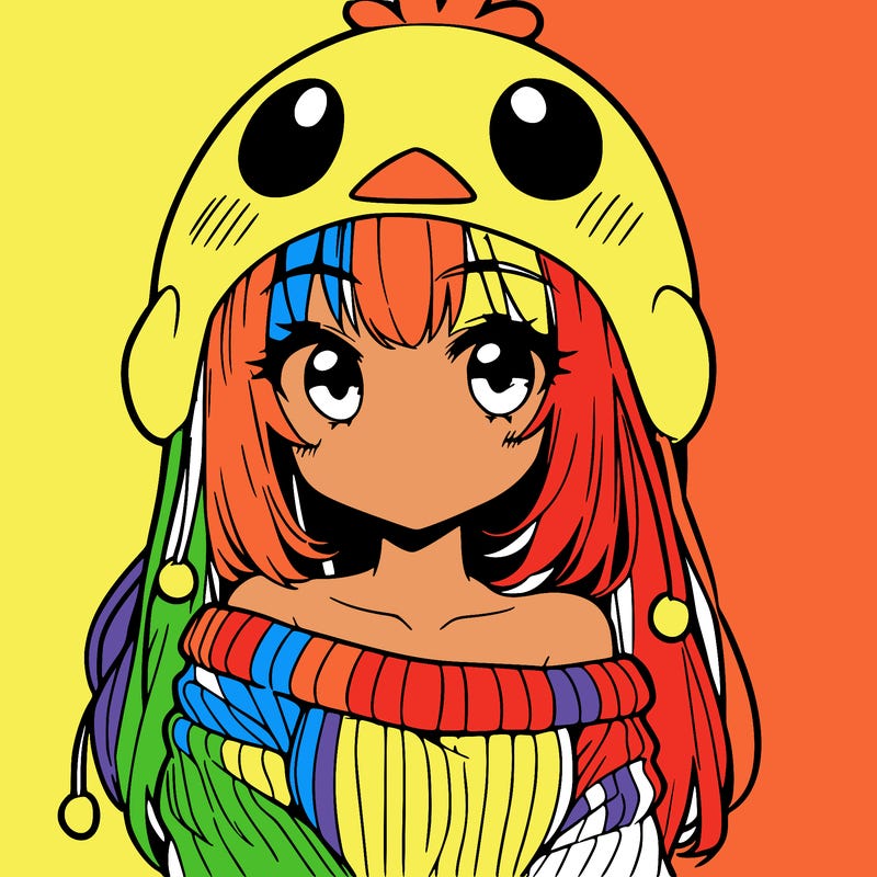 anime girl with chick shaped hat with sweater with bare shoulders with bangs covering them one eye with low tail