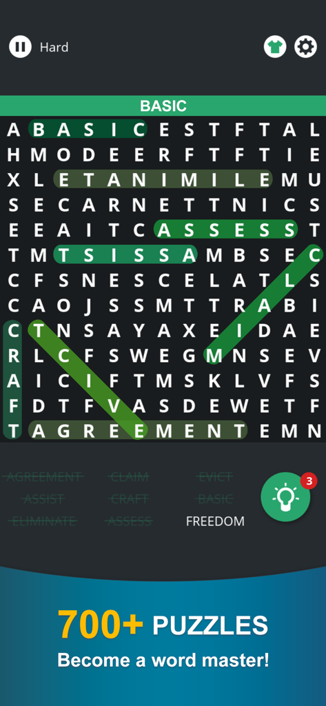 Word Search:Brain Puzzle Game - Captura de pantalla de una cuadrícula de puzle de sopa de letras con las palabras encontradas resaltadas en verde