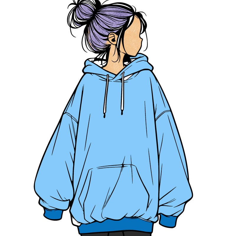 realistic girl with a oversized sweatshirt on and a bun