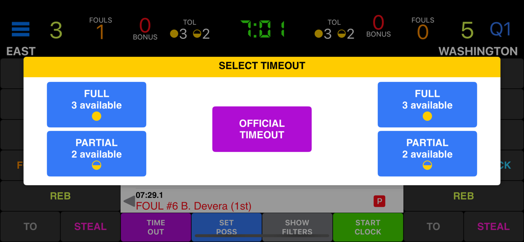 Basketball Scorebook+ - Basketball Scorebook plus app timeout selection screen showing options for full partial and official timeouts