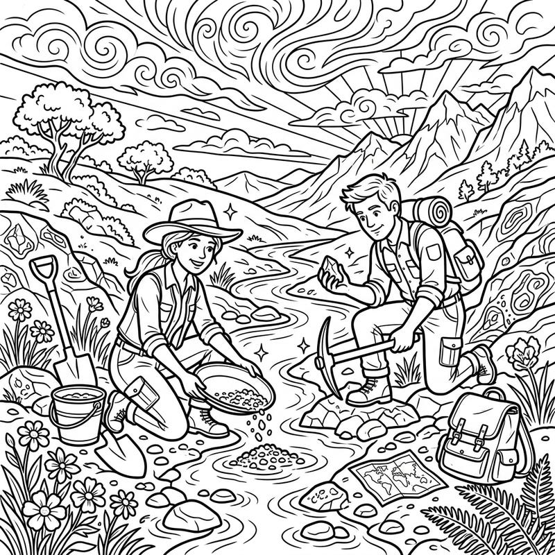 Join two eager prospectors on a sunny summer day as they search for valuable minerals in a vibrant river landscape. This detailed coloring page captures the thrill of discovery and outdoor adventure.