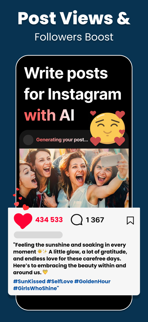 AI Social Media Post Maker - Captura de tela do aplicativo Criador de Posts para Redes Sociais com IA mostrando uma legenda gerada por IA para Instagram e hashtags para um grupo de amigos.