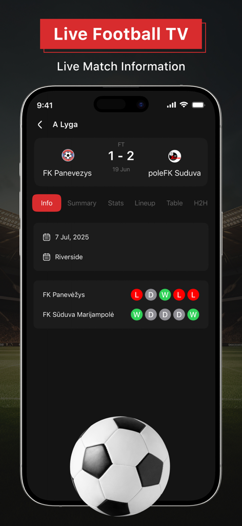 Streaming HD: Live Football TV - Interfaz de la aplicación móvil mostrando información de partidos de fútbol en vivo con marcadores y guía de forma de equipo