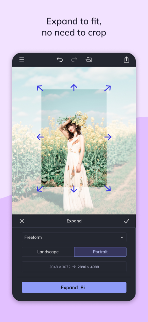 BeFunky - BeFunky 앱 인터페이스에서 AI 확장 도구가 사진을 자르지 않고 배경을 확장하는 것을 보여줌