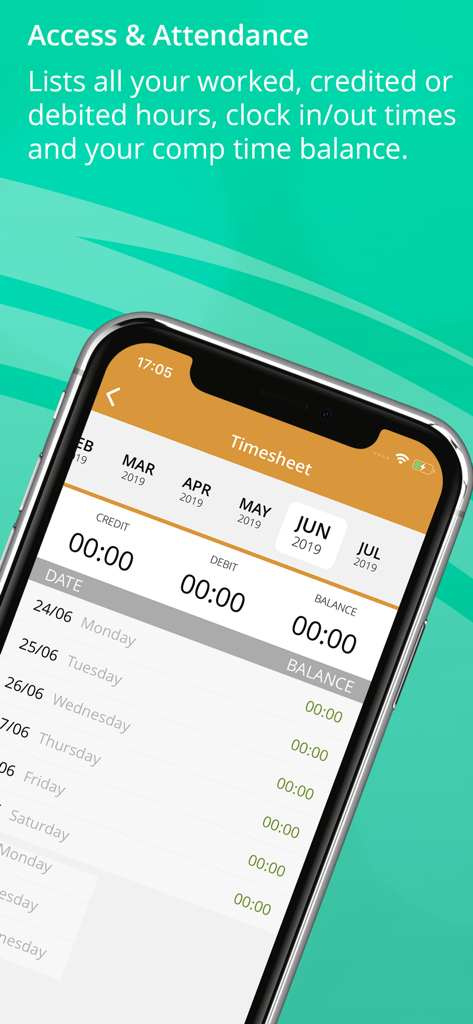 Apdata Mobile - 勤務時間と出勤状況の残高を示すApdata Mobileタイムシートインターフェース