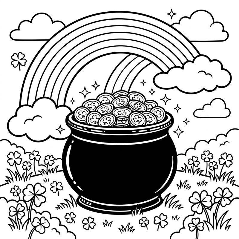 Uncover the legend with this delightful pot of gold coloring page, perfect for young adventurers. Featuring a vibrant rainbow and lucky shamrocks, it's an enchanting activity for creative kids.