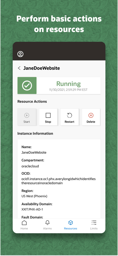 Schermata dell'app mobile OCI che mostra le opzioni per avviare, arrestare, riavviare o eliminare una risorsa cloud
