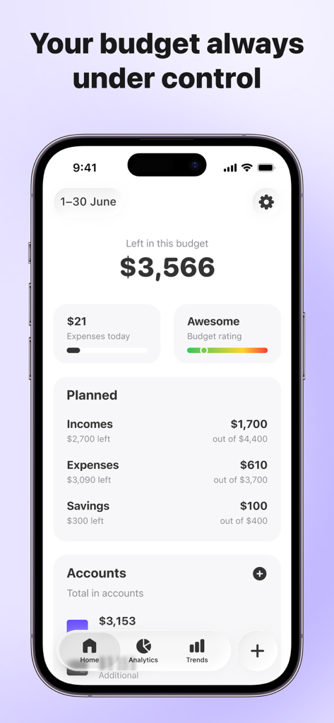 Budget Hound: Expense tracker - Budget Hound app dashboard showing monthly budget balance and daily expenses