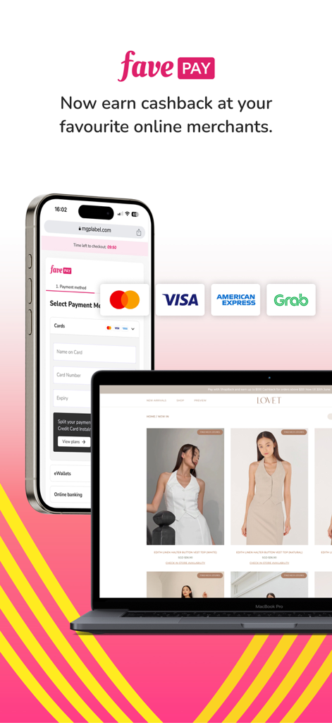 FavePay interface on mobile and laptop showing online merchant cashback and payment options like Visa and Mastercard.