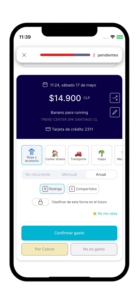Kuanto - Mobile interface of Kuanto app showing a running gear expense being categorized into clothing and accessories
