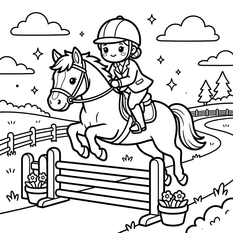 Saddle up for an incredibly cute coloring adventure with our Kawaii Hunter Jumper page! This charming illustration captures a horse and rider mid-jump in an irresistibly adorable Japanese-inspired style.