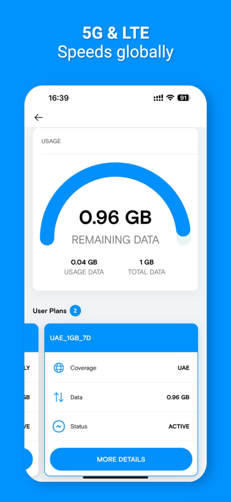 Interface of USim travel app showing remaining data and active eSIM plan for UAE