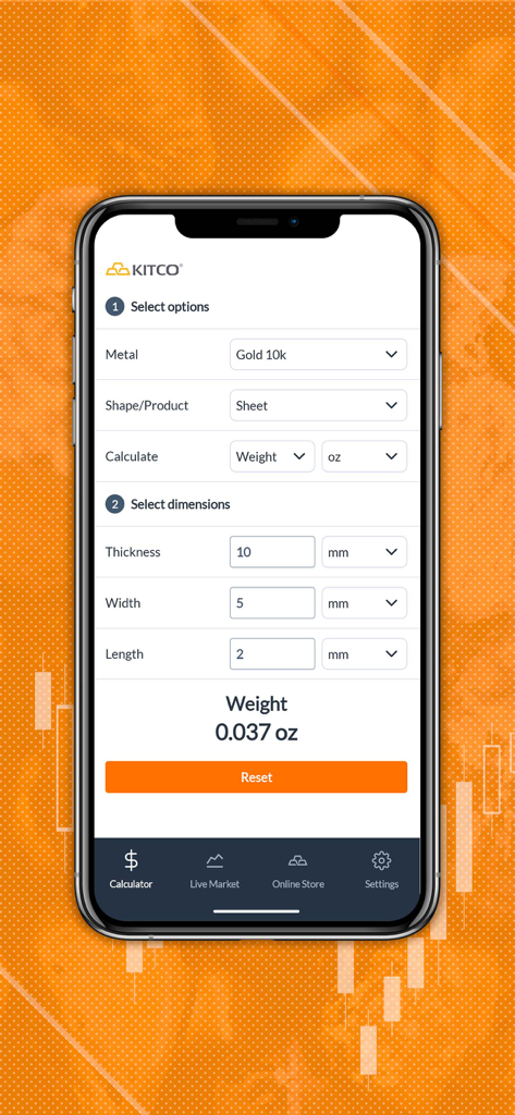 Metalynx - Metalynx mobile app interface showing a gold weight calculation for a metal sheet based on its thickness width and length dimensions