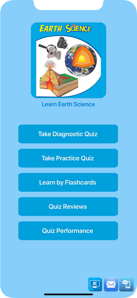 Main menu of the Learning Earth Science app showing options for diagnostic quizzes practice quizzes and flashcards