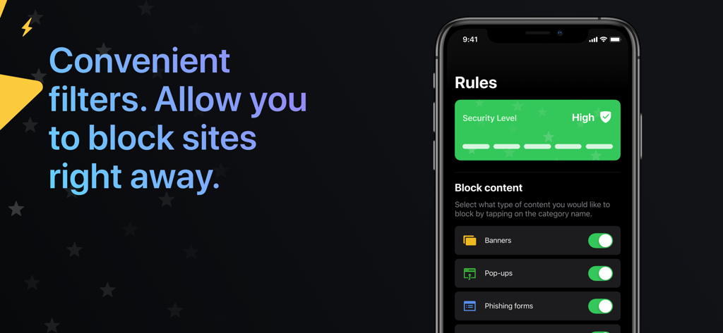 Ad Security Center - Ad Security Centerアプリ。コンテンツブロックルールと高いセキュリティレベルを示しています。
