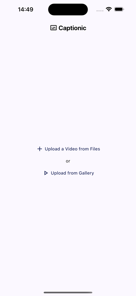 Captionic - AI Video Captions - The upload screen of the Captionic app showing options to upload a video from files or the gallery