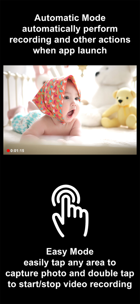 SP Camera - Interfaz de la aplicación SP Camera que muestra el Modo Automático para grabación instantánea al iniciar y el Modo Fácil para captura de fotos con un toque y grabación de vídeo con doble toque.