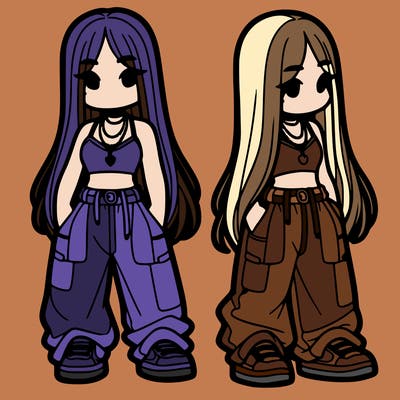 girl in baggy pants crop top and long hair