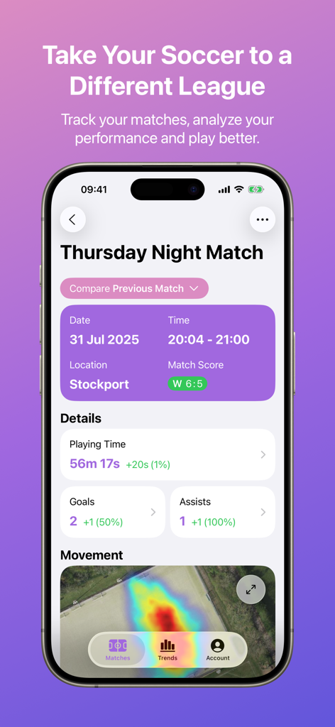 Outplay soccer tracker app match summary showing performance stats and movement heatmap on iPhone