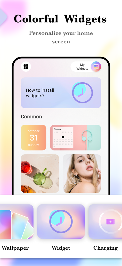 Vista previa de la aplicación Coco Widgets que muestra coloridos widgets estéticos y opciones de personalización de pantalla de inicio.