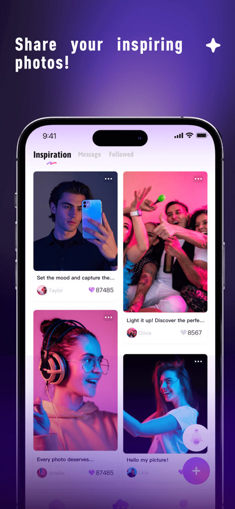 Chiccy - Un écran de smartphone affichant le fil d'inspiration de l'application Chiccy avec une variété de photos d'utilisateurs créativement éclairées et des métriques d'engagement social.