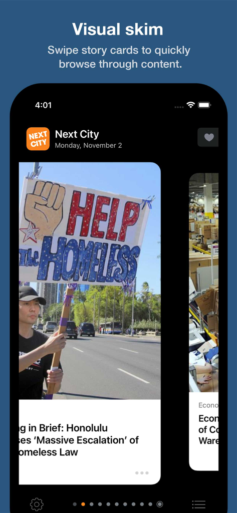 Next City News - Interfaz de vistazo visual de la aplicación Next City News mostrando tarjetas de historias urbanas en formato de resumen