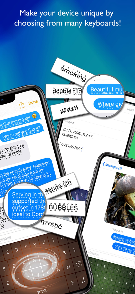 Múltiples pantallas de iPhone que muestran estilos de fuente únicos y temas de teclado personalizados.