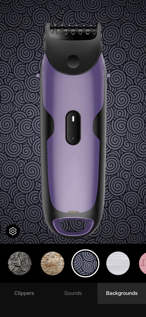 Interface of the Hair Clippers and Razor Prank app showing a purple clipper and background customization options