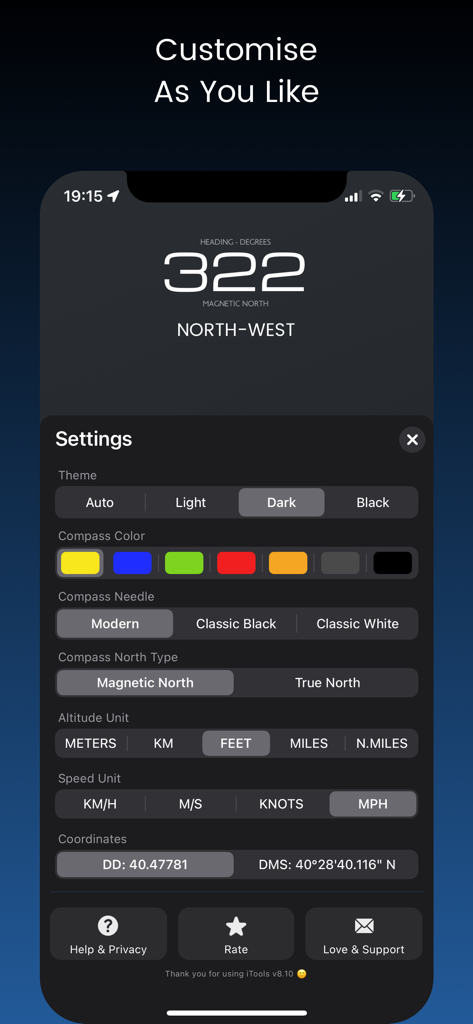 Screenshot of iTools app settings menu showing customization options for units and compass display