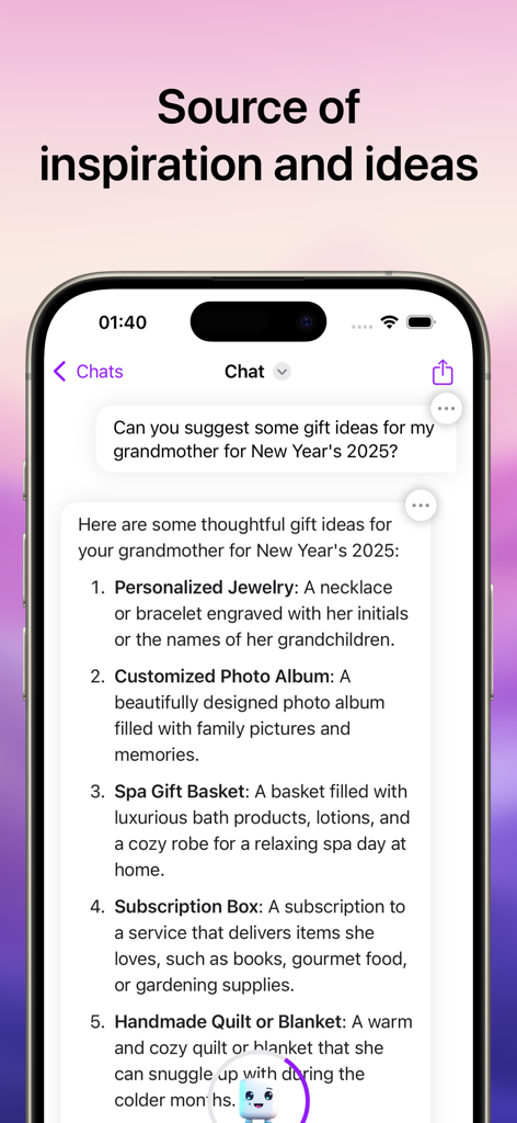 Interfaz del asistente de IA que muestra sugerencias creativas de regalos para una abuela.