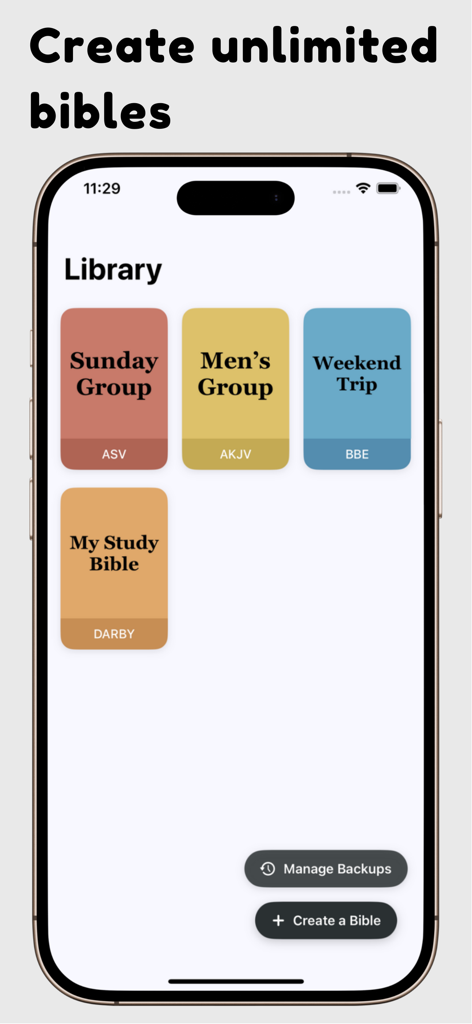 Pantalla de biblioteca de la aplicación Bible Tiles mostrando Biblias de estudio personalizadas en diferentes colores.