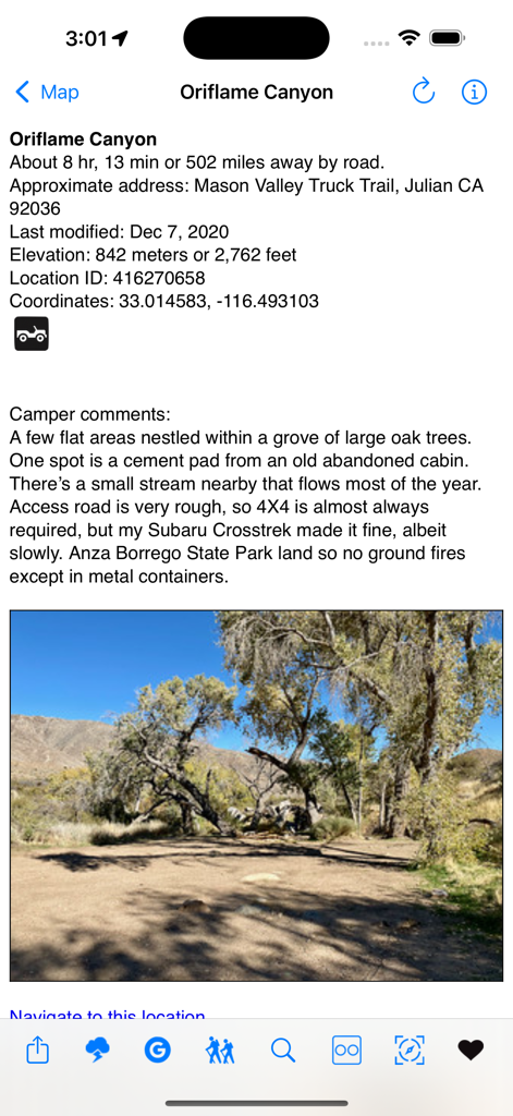 Detailed view of a boondocking campsite in Oriflame Canyon with reviews and location data.