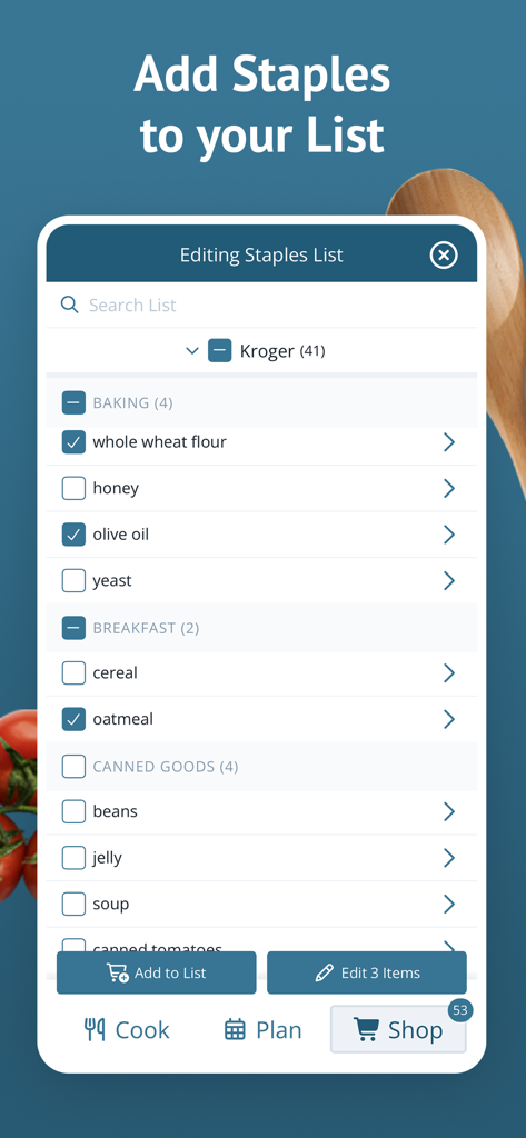 Plan to Eat app interface showing an editable staples list for Kroger with grocery items categorized by baking and breakfast sections