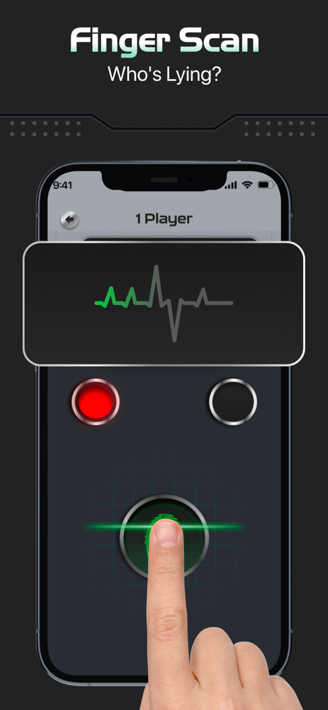 Lie Detector: Test Scan Prank - Lie detector prank app screen showing a fingerprint scanner and heart rate monitor