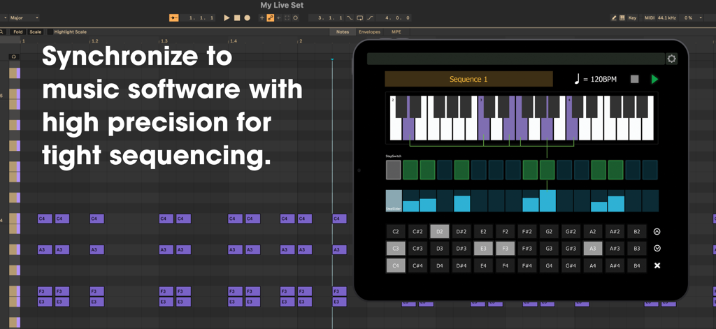 Lemur app on an iPad displaying a custom MIDI sequencer interface synchronized with a digital audio workstation