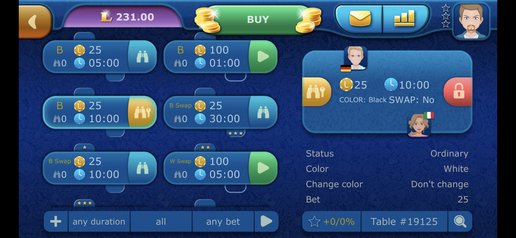 Pantalla de la sala de espera del juego Ajedrez Online LiveGames mostrando múltiples opciones de mesa y detalles de la partida.