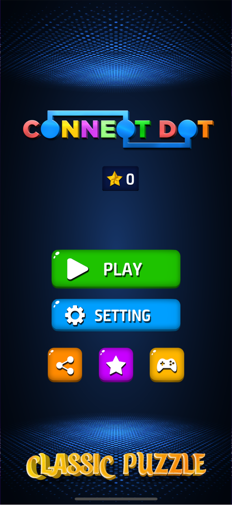 Connect Dots: Color Matching - Main menu screen of the Connect Dots Color Matching puzzle game showing play and settings buttons.