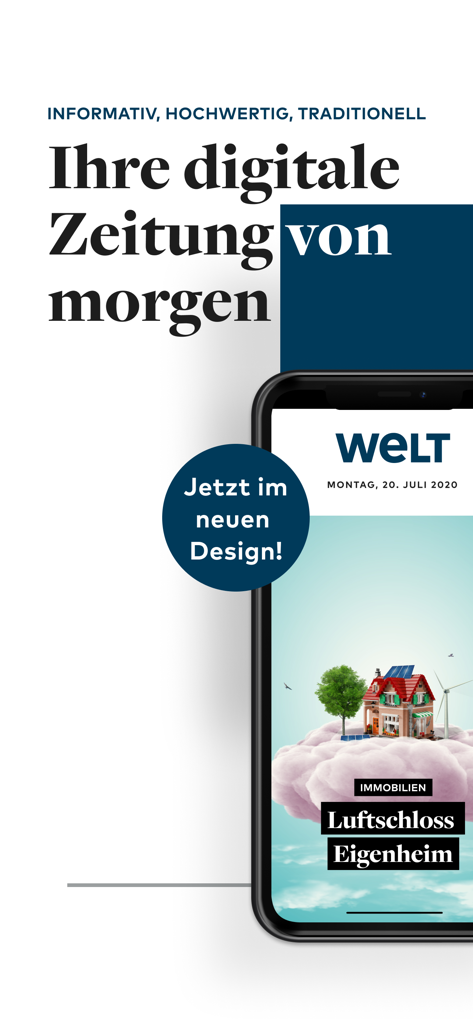 Smartphone mostrando la interfaz de la aplicación del periódico digital WELT Edition con una noticia de portada