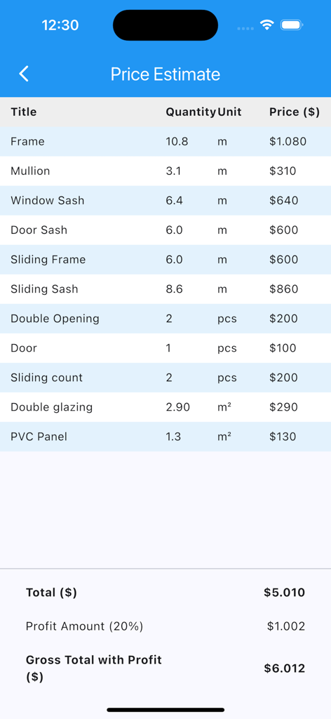 DoorWin PVC uPVC Aluminium - Tabla detallada de estimación de precios en la aplicación DoorWin que muestra los costos de materiales y el cálculo del margen de ganancia.