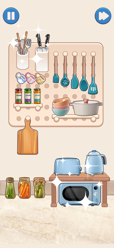 Satisoul: Perfectly Organize - Satisoulゲームで、ペグボードに調理器具が配置され、キッチン家電が並んだ完璧に整理されたキッチンシーン