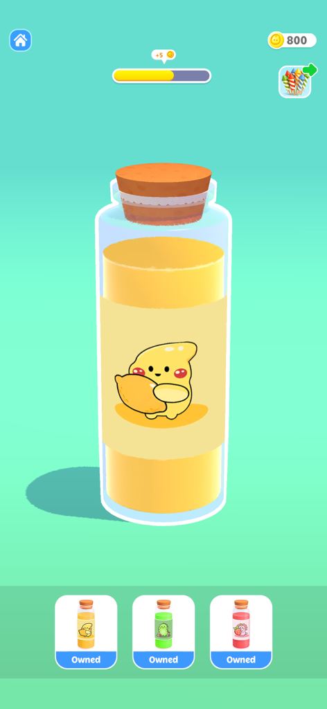 Minilax: Antistress Games - A mobile game interface showing a satisfying yellow liquid bottle with a cute character and a selection of different colored bottles at the bottom