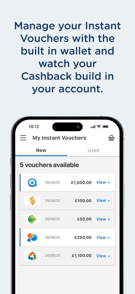 SmartSpending - SmartSpending app interface showing a list of five available instant vouchers in the digital wallet