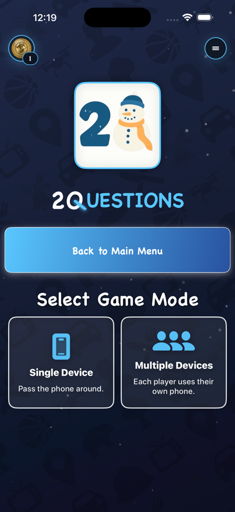 2Q 20 Questions game mode selection screen with single and multiple device options