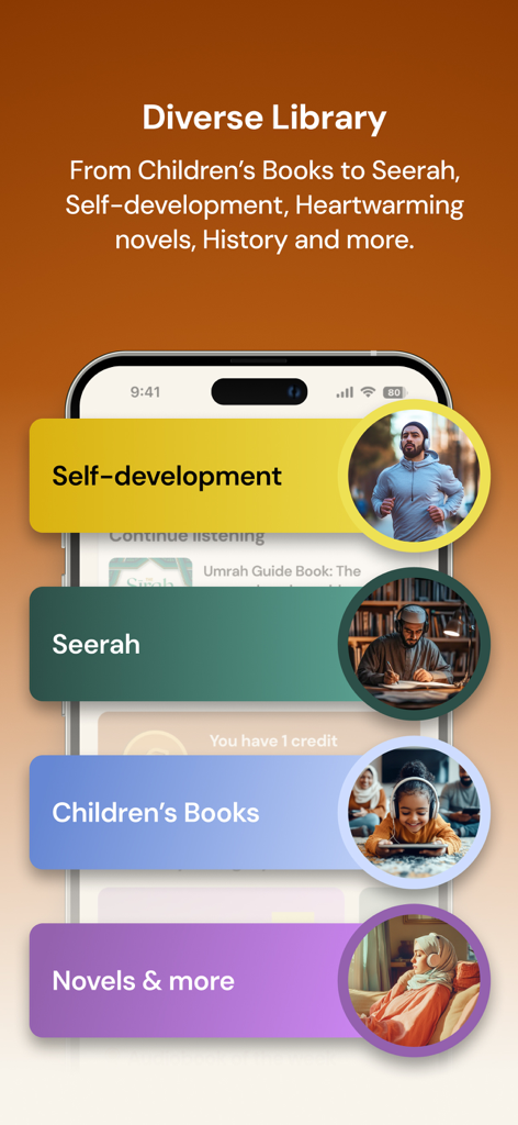 Interface showing diverse library categories in the Chaptrs app including Seerah and Children's Books