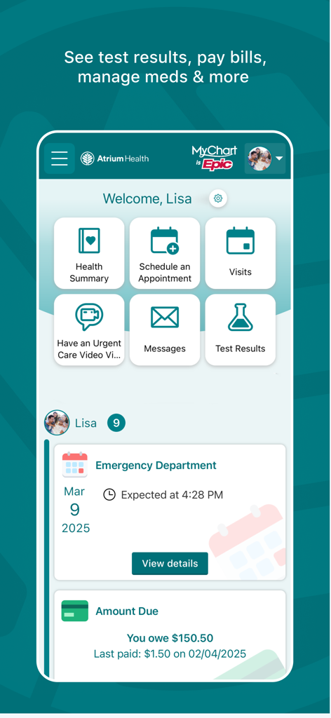 MyAtriumHealth - MyAtriumHealth mobile app dashboard showing health records, appointment scheduling, messages, and billing information.